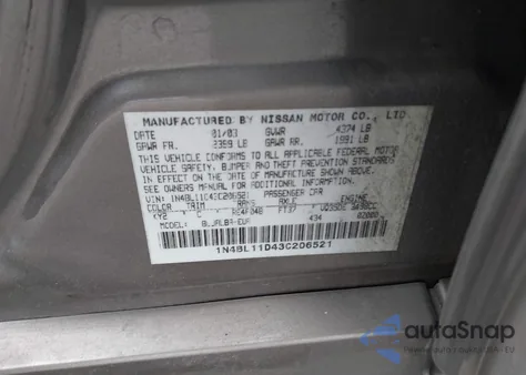 2003 Nissan Altima 3.5 Se z USA, uszkodzony, nr VIN 1N4BL11D43C206521